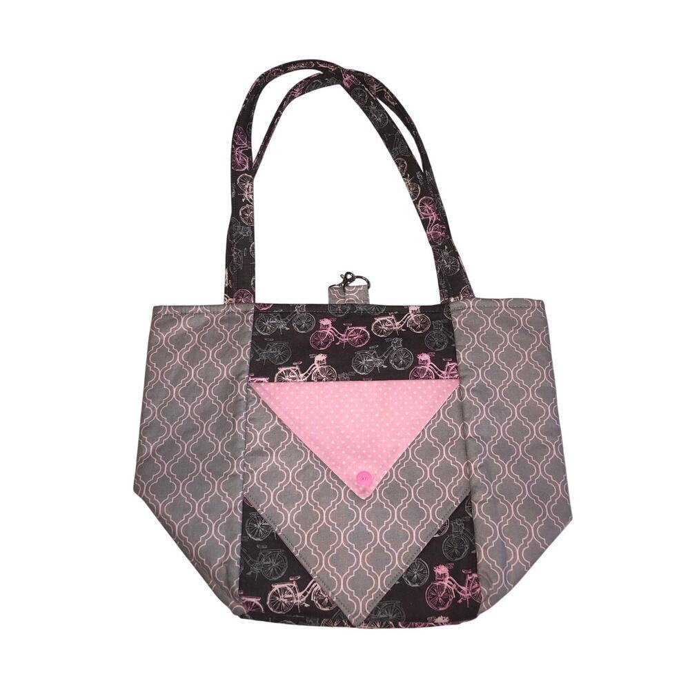 Bag Shoulder Tote Handmade Bicycle Print Pink Gray Blue New Fabric Lightweight